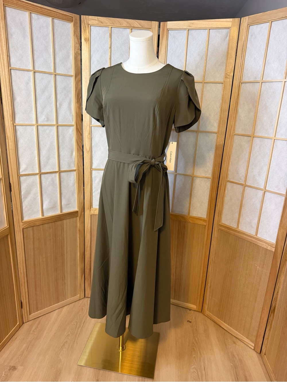 Calvin Klein Olive Tie-Waist Midi Dress